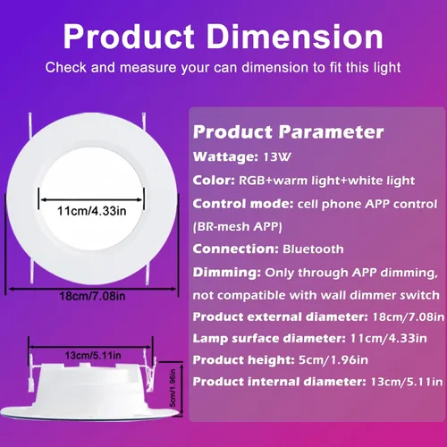 Vista 7 de Iluminación empotrable inteligente, 5/6 pulgadas, compatible con Alexa, Downlight LED inteligente, 13 W 1050 LM, luces LED inteligentes multicolor