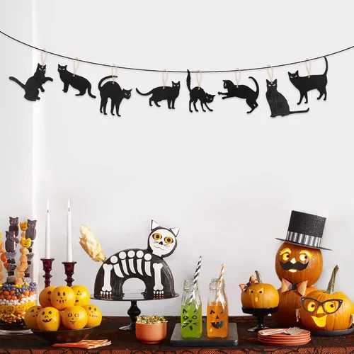 Vista 4 de WATINC 31 piezas de silueta de gato negro de Halloween, adornos colgantes de madera, decoraciones de Halloween, fiesta mexicana, festival, fiesta