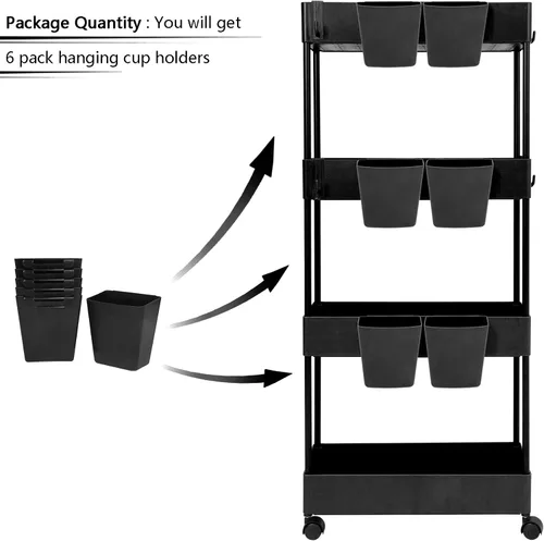 Vista 5 de Paquete de 6 portavasos colgantes para carrito rodante, accesorios, ganchos pequeños para colgar, contenedores de almacenamiento colgantes, Negro