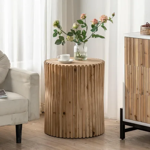 Vista 5 de Mesa auxiliar cilíndrica de estilo retro con diseño de relieve de textura vertical, adecuada para sala de estar, oficina y comedor