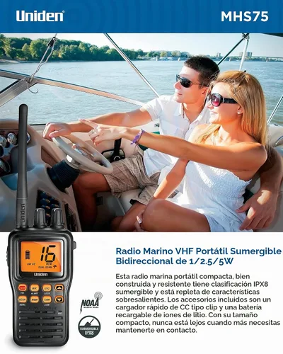 Vista 3 de Uniden Radio marino sumergible de 2 vías 6 W VHF. Impermeable IPX8/JIS8.