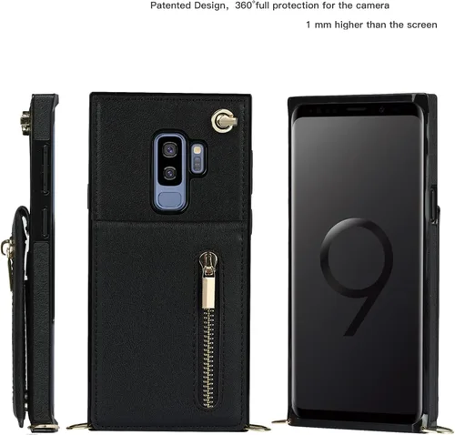 Vista 3 de Funda para teléfono Samsung Galaxy S9 con correa cruzada, tarjetero de cuero, con cordón, ranuras de crédito, cierre magnético, accesorios para Negro