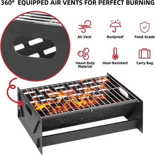 Vista 5 de Parrilla de carbón portátil plegable de 12" para acampar Negro