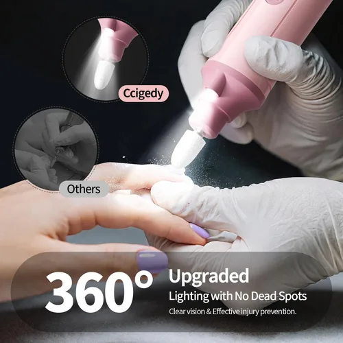 Vista 4 de Ccigedy Taladro eléctrico de uñas, lijadora profesional inalámbrica con pantalla LCD y lámpara, amoladora de uñas recargable para mujeres, kit