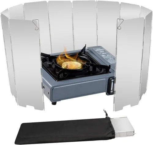Vista 9 de Parabrisas de estufa de 10 platos, parabrisas de estufa de aluminio con bolsa de cordón, para camping, estufas de butano para acampar, estufas