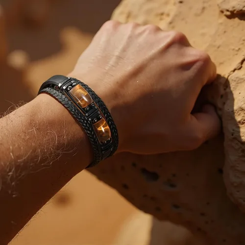 Vista 7 de Pulsera de cuero negro de ojo de tigre para hombre, piedra preciosa de ojo de tigre natural, joyería hecha a mano, pulsera de protección