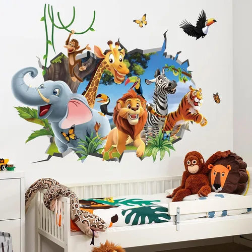 Vista 2 de decalmile Pegatinas de pared de animales de la jungla 3D, calcomanías de pared de animales del bosque, elefante, león, mono, calcomanías