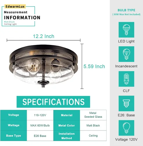 Vista 5 de Edwarmlux Luces de techo de montaje empotrado, 2 luces de granja cerca del techo, lámpara de techo industrial para cocina, pasillo, dormitorio, sala