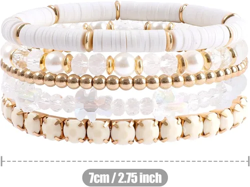 Vista 7 de Pulseras de cuentas de arcilla, pulseras de cristal con cuentas de varias capas, bohemio, blanco y rosa, juego de pulseras para mujer