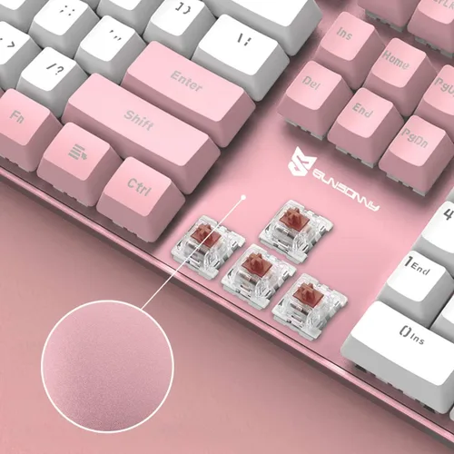 Vista 2 de Teclado mecánico con cable Interruptor marrón Diseño de 104 teclas de EE. UU. Intercambiable en caliente y silencioso Combo rosa y blanco
