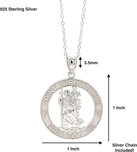 Vista 3 de Charm America - St. Christopher Medal Necklace 925 Sterling Silver - Round Coin Religious Protector Talisman Pendant for Men/Women - Adjustable