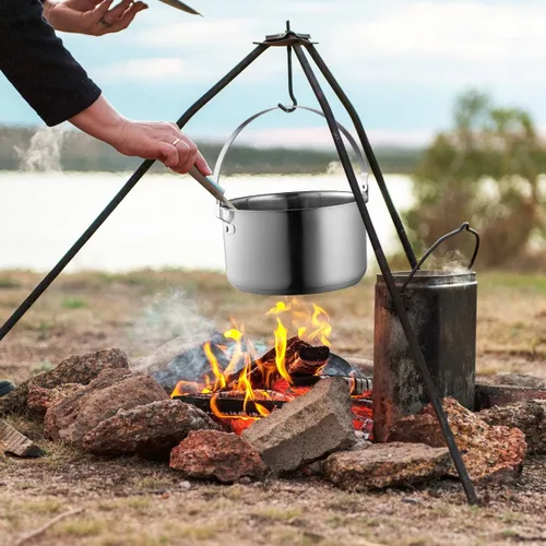 Vista 9 de Juego de utensilios de cocina de acero inoxidable 304 de 8 piezas para ollas y sartenes, kit de cocina de fuego abierto Sartén vaporera con bolsa