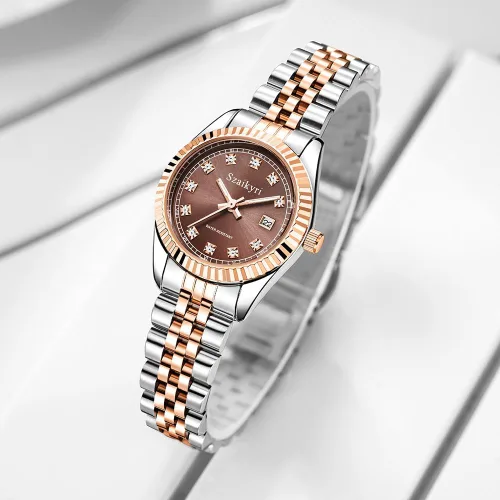 Vista 4 de Reloj clásico para mujer con banda de acero inoxidable sólido, reloj de vestir para mujer, reloj con calendario