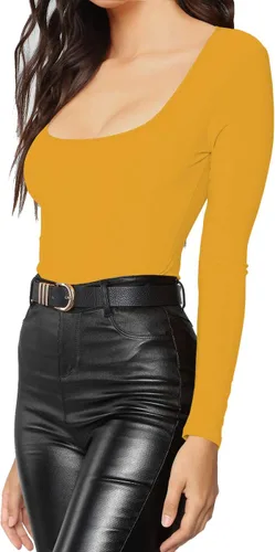 Vista 201 de MANGDIUP Body esencial para mujer, cuello redondo, manga larga, ajustado, elástico, de algodón y elastano