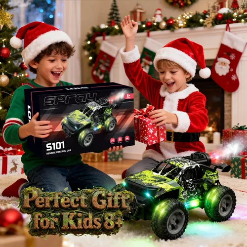Vista 7 de Camión monstruo RC 1:18 para niños, niños 4-7-8-12, auto de control remoto todoterreno todoterreno con luces LED y aerosol, 40 minutos de tiempo