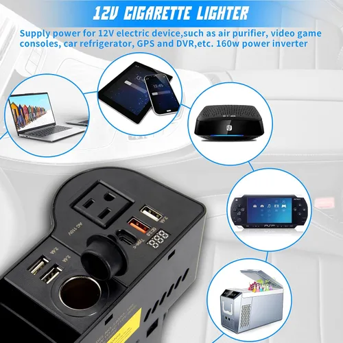 Vista 7 de Organizador de llenado de espacio para asiento de automóvil con inversor de corriente de protección múltiple de 12 V CC a 110 V CA, 4 USB de carga