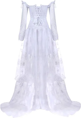 Vista 5 de Vestido gótico retro de 2 piezas para mujer, vestido de encaje de manga larga, corsé floral, falda alta y baja, vestido sexy de baile