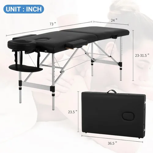 Vista 2 de Mesa de masaje, cama de masaje de 73 pulgadas, altura ajustable, 2 pliegues, de aluminio, de piel sintética, para belleza, spa, con funda