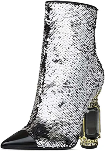 Vista 112 de FSJ Botas de tacón alto con punta puntiaguda para mujer, con tacón alto, con cremallera lateral brillante, estilo casual, para uso diario, zapatos