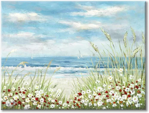 Vista 9 de UTOP-art Arte de Pared de Pintura Abstracta de Flores Silvestres: Flores en la Playa con Olas del Océano, Paisaje Marino, Obra de Arte en Lienzo