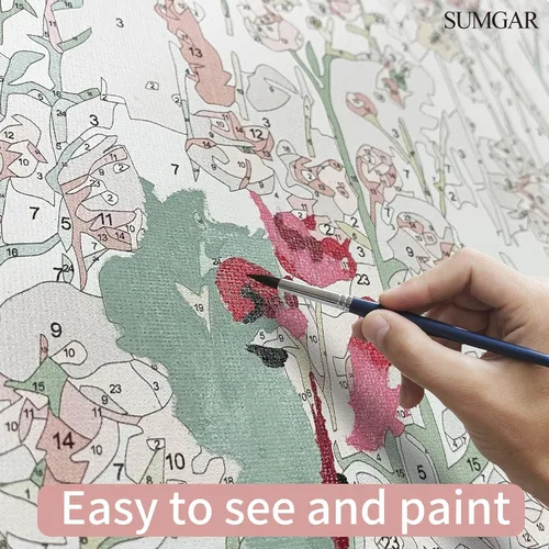 Vista 5 de SUMGAR Kit de pintura enmarcada por números para adultos flores, kit de pintura de lienzo de flores silvestres rosas con marco, pintura acrílica