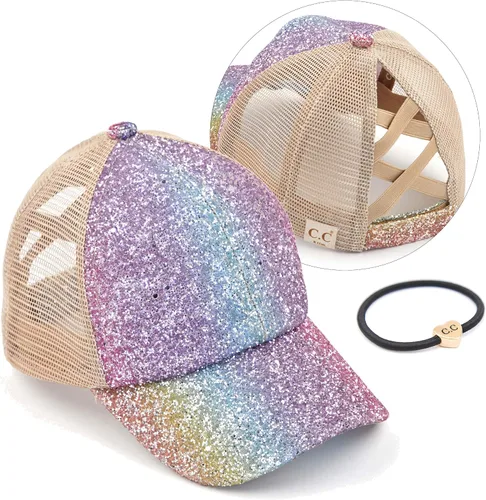 Vista 52 de C.C Gorra de béisbol de malla con diseño de estrella brillante, gorra de camionero ajustable para moño o cola de caballo Una banda elástica-negro