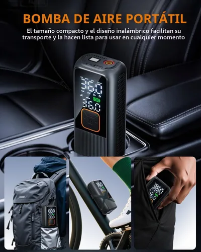 Vista 5 de Inflador de neumáticos, compresor de aire portátil, bomba de aire recargable de 150 PSI con manómetro digital y luz LED, bomba de neumáticos