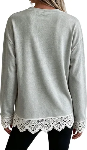 Vista 3 de Fall Sweatshirts for Women Crewneck Scalloped Lace Trim Cute Pullover Tops Lightweight Long Sleeve Polka Dot Sweatshirt,Oversized Leopard Print A