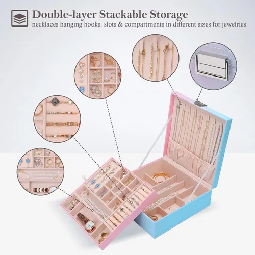 Vista 2 de ProCase Joyero para mujeres, niñas, novia, esposa, regalo ideal, organizador de joyas de cuero grande con dos capas para aretes, pulseras, anillos