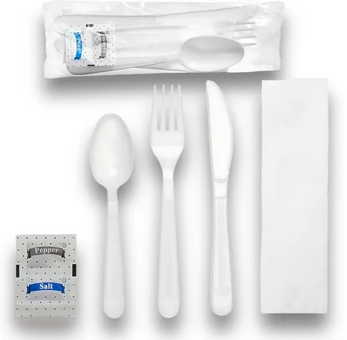 Vista 14 de Utensilios de plástico x [25 unidades] Juego combinado de cubiertos envueltos a granel, paquete variado de cubiertos desechables, suministros