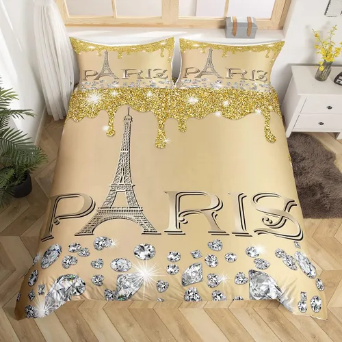 Vista 16 de Erosebridal Funda de edredón de la Torre Eiffel para niñas, juego de ropa de cama romántica de París azul, negro y blanco, funda de edredón
