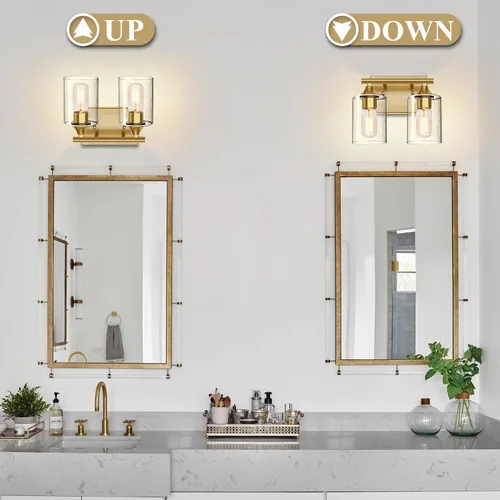 Vista 6 de Luces de Tocador Doradas para Baño, Accesorios de Iluminación de Baño de 2 Luces, Aplique de Pared de Latón Cepillado Dorado, Lámpara de Pared