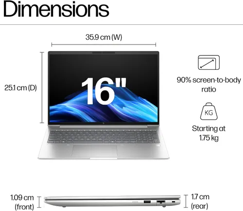 Vista 7 de HP EliteBook 6 G1a AI PC Laptop empresarial de 16 pulgadas AMD Ryzen 5 220 32 GB DDR5 RAM SSD de 1 TB Pantalla antirreflejo WUXGA Lector