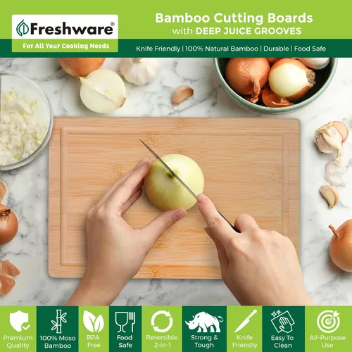 Vista 2 de Freshware Freshware - Tabla de cortar de bambú para cocina con ranura para jugos [Juego de 2] Tabla de cortar de madera para cortar carne, verduras