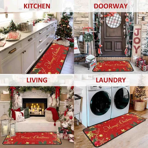 Vista 6 de Juego de 2 alfombras y tapetes de cocina navideños, decoraciones navideñas para el hogar con respaldo antideslizante, alfombra de cocina