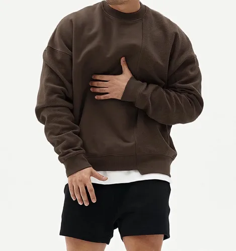 Vista 2 de babyhealthy Sudaderas con cuello redondo para hombre, diseño de retazos, informal, dobladillo irregular, para entrenamiento, deportes, color marrón