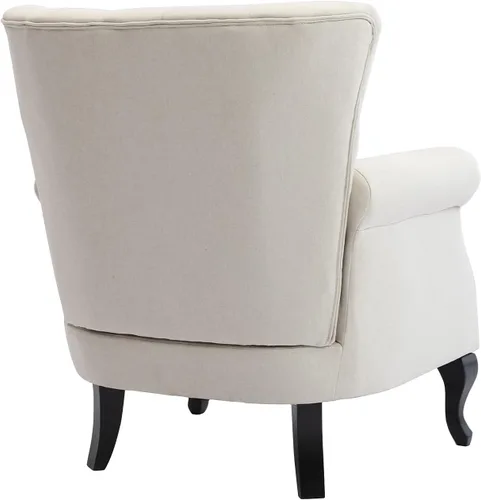 Vista 5 de Juego de 2 sillas decorativas modernas de mediados de siglo, sillón de tela de lino con respaldo acolchado/patas de madera, sillón de descanso