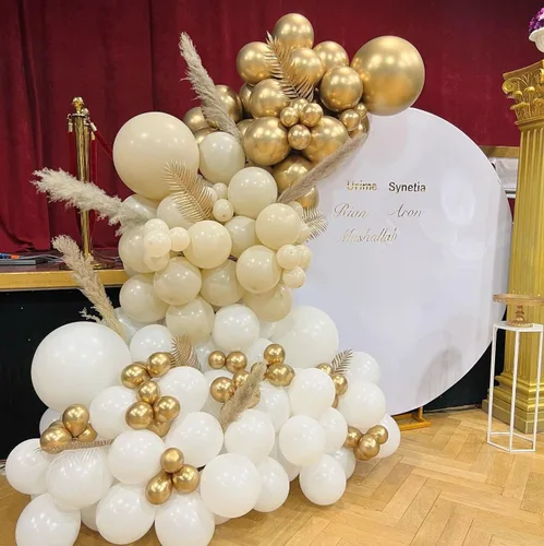 Vista 6 de Kit de guirnalda de globos de oro blanco – Kit de arco de globos de látex blanco y dorado, pared de globos de oro blanco para cumpleaños, baby