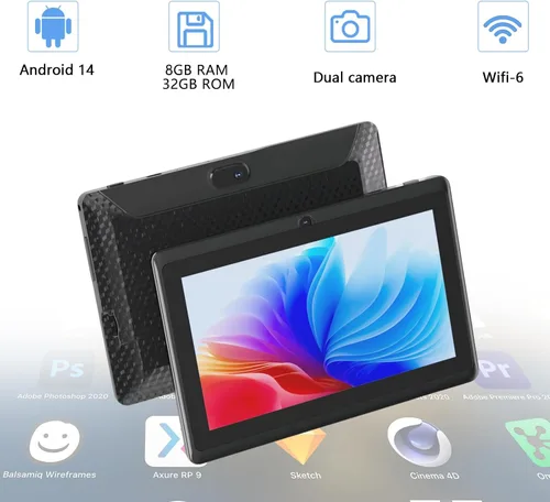 Vista 7 de Tableta con funda de 7 pulgadas Tablet Android 14, 8GB RAM (5GB expandible) 32GB ROM 7" Tabletas Soporta 1TB MicroSD, Batería Larga Dual Cámara
