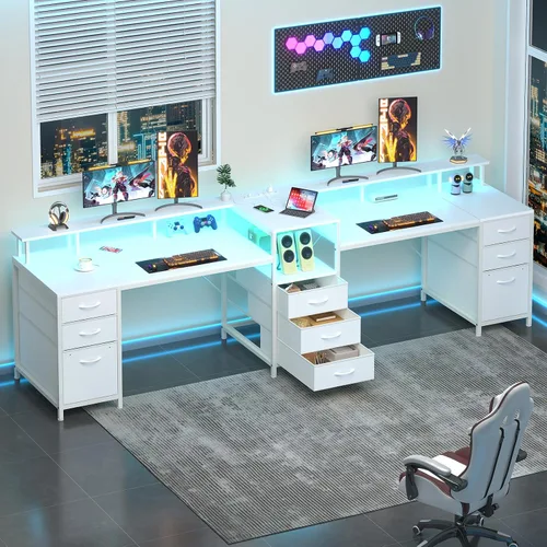 Vista 10 de YOMILUVE Escritorio para Computadora de 98.4" de Largo con 9 Cajones, Escritorio de Juegos para 2 Personas con Luces LED y Toma de Corriente