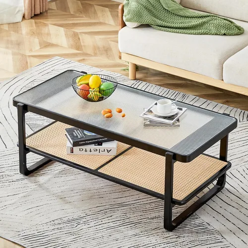 Vista 13 de Mesa de centro de madera de mediados de siglo con soporte de ratán de polietileno, mesa de café redonda de madera maciza de 33.45 pulgadas, mesa