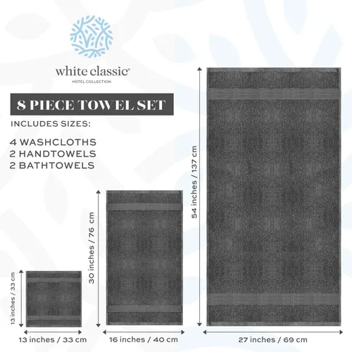 Vista 4 de White Classic Juego de toallas de 8 piezas color gris oscuro [2 toallas de baño, 2 toallas de mano, 4 toallas faciales] y 2 toallas de baño gris