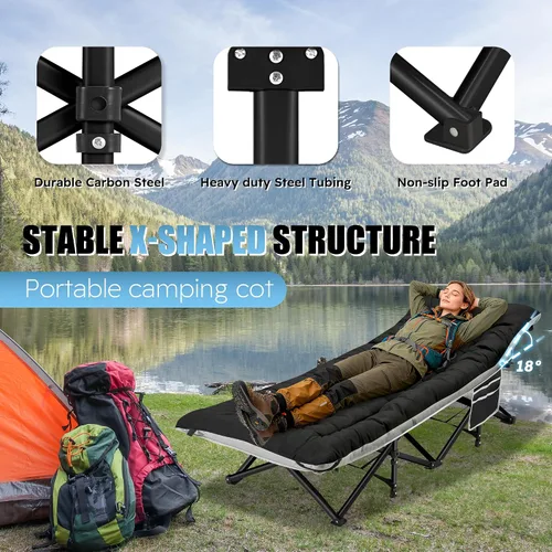 Vista 2 de HABUTWAY Catre de campamento, catre portátil para adultos, catre para dormir de 28 pulgadas de ancho, carga máxima de 600 libras con colchón grueso