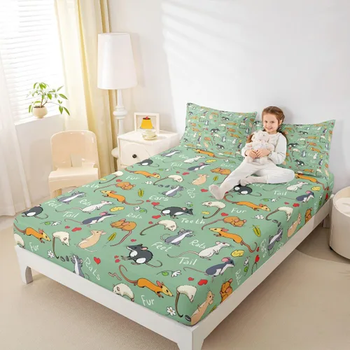Vista 3 de Erosebridal Juego de sábanas de ratas para niños, tamaño Queen, juego de ropa de cama con diseño de roedores de ratón, divertido diseño de animales