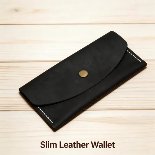 Vista 7 de Cartera de cuero genuino Crazy Horse, cartera delgada hecha a mano para hombres y mujeres (negro)