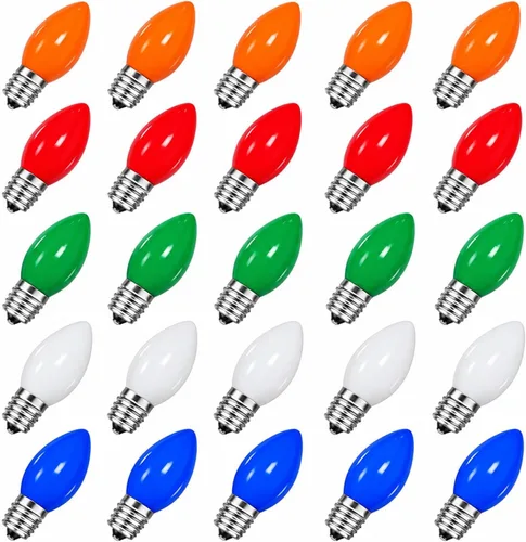 Vista 11 de Paquete de 25 bombillas de repuesto C9 multicolor, bombillas de Navidad C9 de 7 W con base intermedia E17, bombillas incandescentes para luces