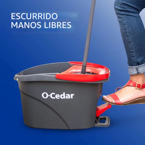 Vista 3 de O-Cedar EasyWring - Sistema de limpieza de suelos con balde y fregona giratoria de microfibra + 2 recambios adicionales, rojo/gris