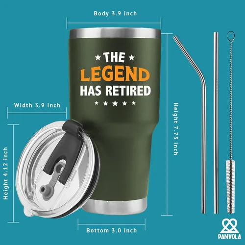 Vista 8 de Panvola The Legend Has Retired - Vaso de acero inoxidable con aislamiento al vacío para mujeres y hombres, con tapa extraíble y pajita, color verde