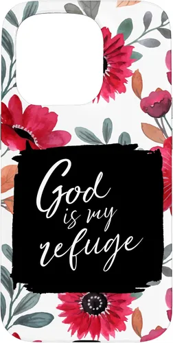 Vista 14 de God is My Refuge - Carcasa para iPhone 16, diseño de flores rojas con versículo bíblico del Salmo 91