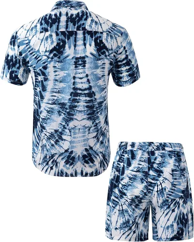 Vista 3 de Atwfo Camisas hawaianas casuales con botones y manga corta para hombre, pantalones cortos estampados de verano, playa, tropicales, hawaianos, trajes